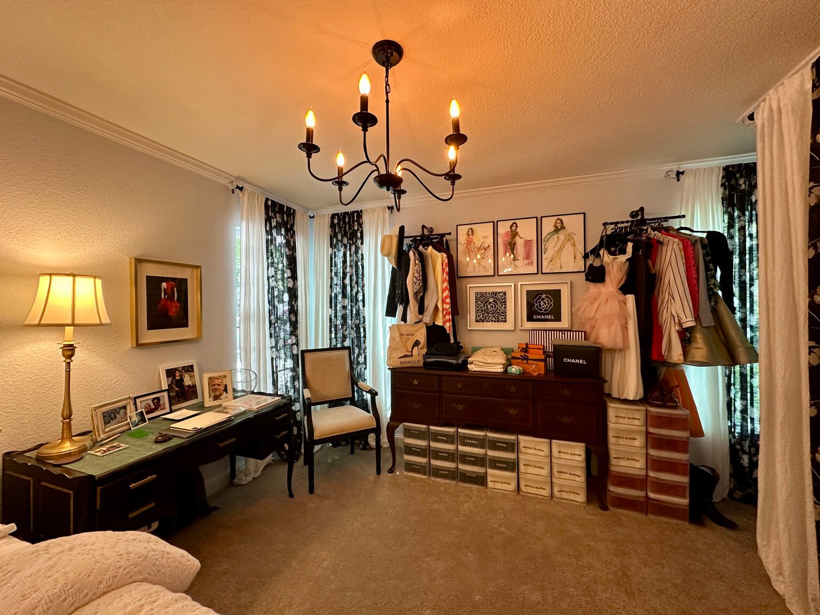 Lisa Leyva's atelier — fashion illustrations, the gold-leafed desk, the working rack