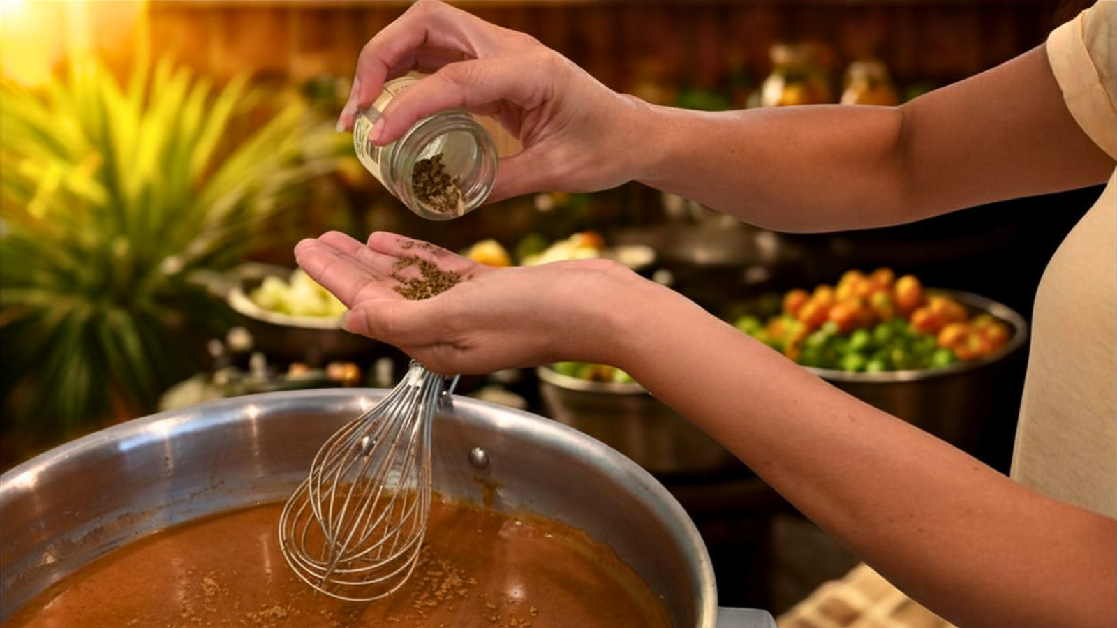 Lisa Leyva measuring herbs by hand over her signature sauce
